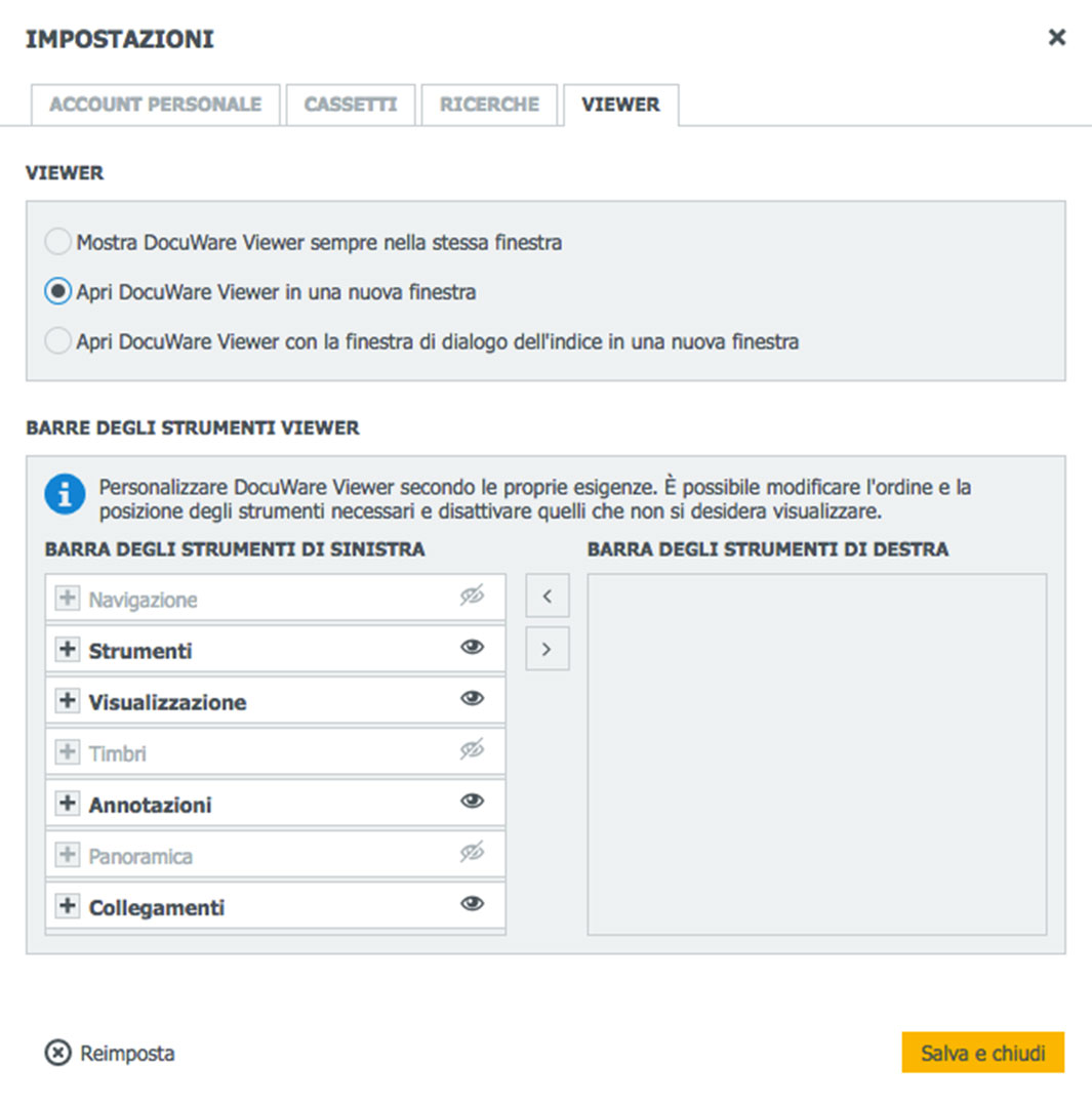 finestra di impostazione del viewer separato